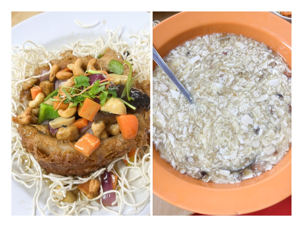 Yam Basket is soft with a light crispy exterior (left) and the Tofu Kang (right) is silky smooth with the chopped beancurd. — Picture by Lee Khang Yi