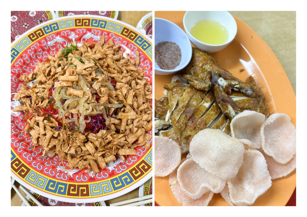 Toss and shout happy wishes for everyone with their Yee Sang (left) and their Chinese Style Roasted Chicken (right) with prawn crackers and five spice salt. -— Picture by Lee Khang Yi