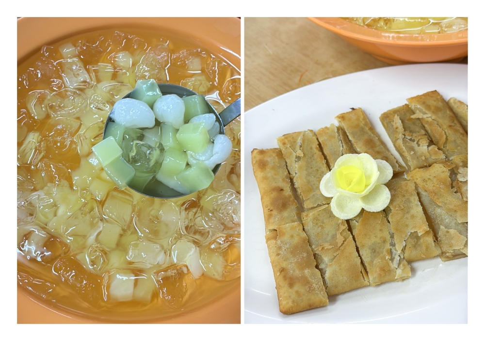 Simple, old fashioned desserts like canned fruits (left) paired with Lotus Pancake (right) complete with a retro wafer rose. — Picture by Lee Khang Yi