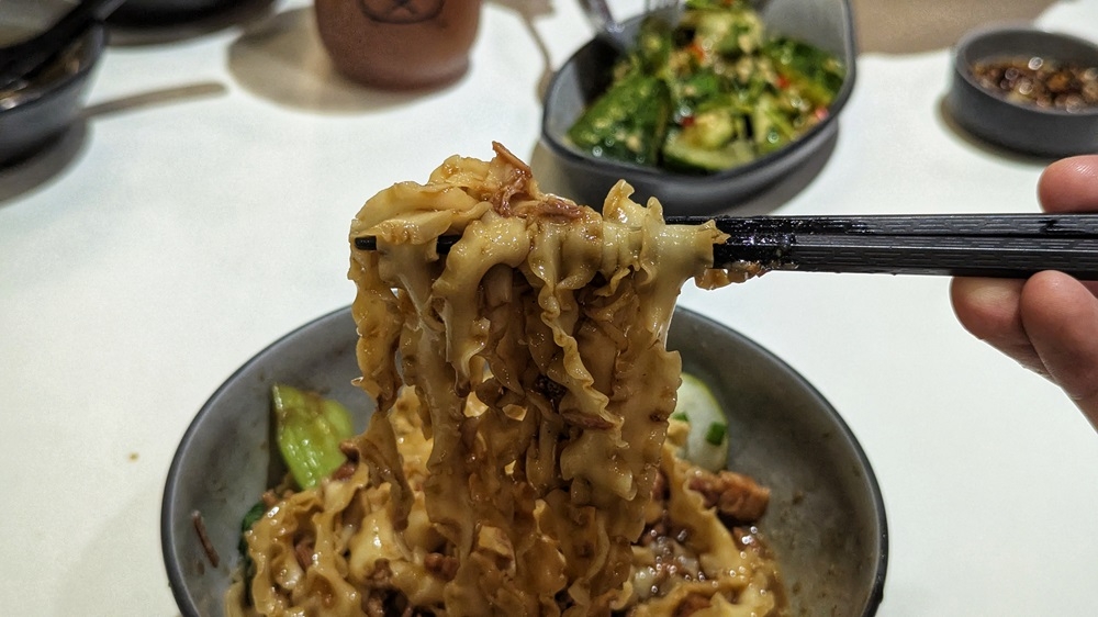 While tasty with a satisfying texture, the noodles aren’t ideal for picking up either the ‘lu rou’ or ‘mapo tofu’. — Picture by Ethan Lau