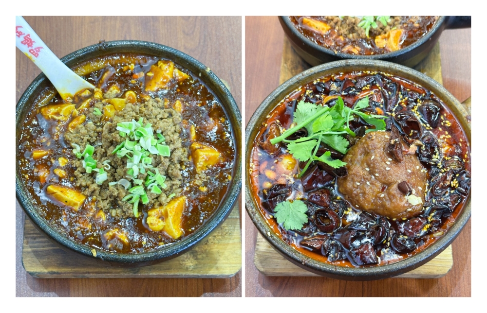 Mapo Tofu Claypot (left) needs a silkier beancurd to enjoy that spicy sauce and Oil Splashed Lion Head Meatball Claypot (right) is for those who like punchier flavours — Picture by Lee Khang Yi