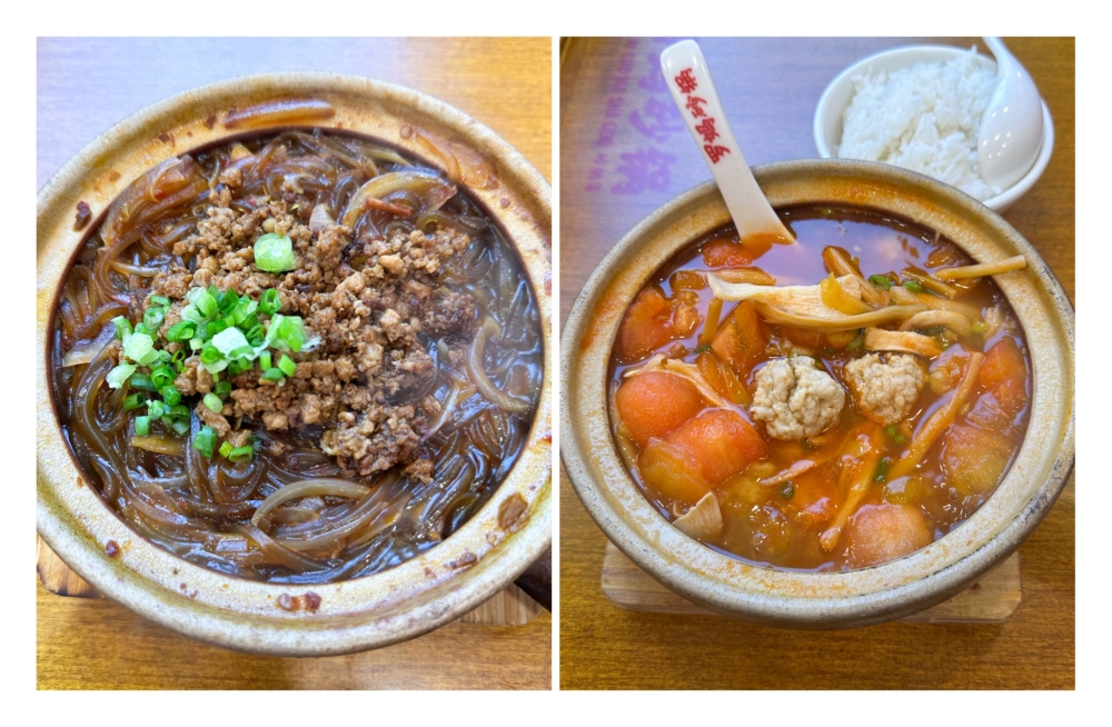 Vermicelli with Minced Pork Claypot (left) marries springy noodles with a savoury minced pork sauce and Tomato Meatball Soup Claypot (right) has lighter, more natural tomato flavours with pork balls and lily bulbs — Picture by Lee Khang Yi