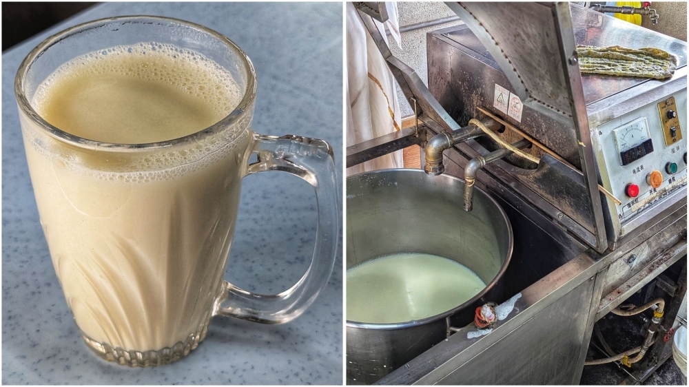 A fresh glass of hot soy milk with just enough sugar (left). The machine, with a fresh batch of soy milk (right) — Picture by Ethan Lau