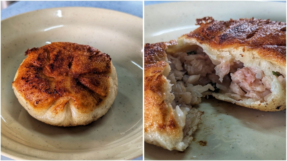 Fresh out of the frying pan: the ‘sheng jian bao’ (left). A simple filling of seasoned ground pork, onions and chopped ‘mian xian’ strands (right) — Picture by Ethan Lau