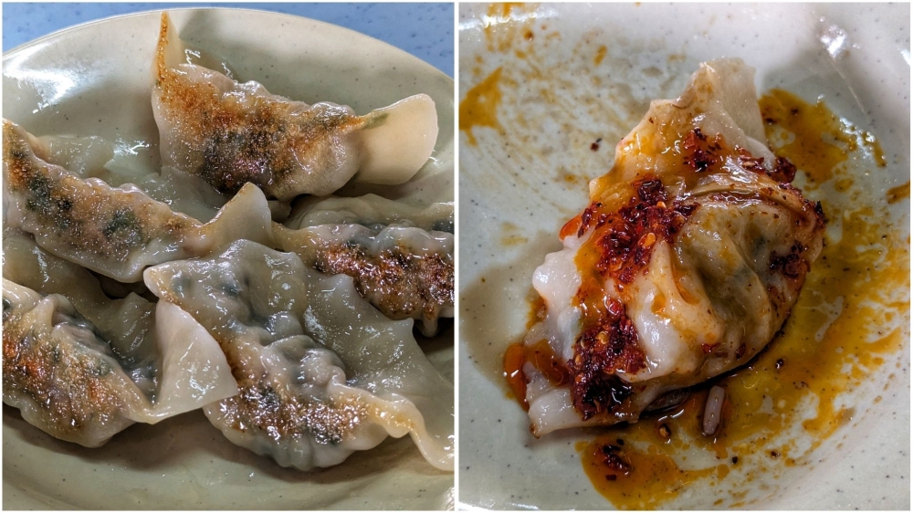 The ‘guo tie’ isn’t as crisp as I would’ve liked (left). It is tasty with a dash of vinegar and chilli oil (right) — Picture by Ethan Lau