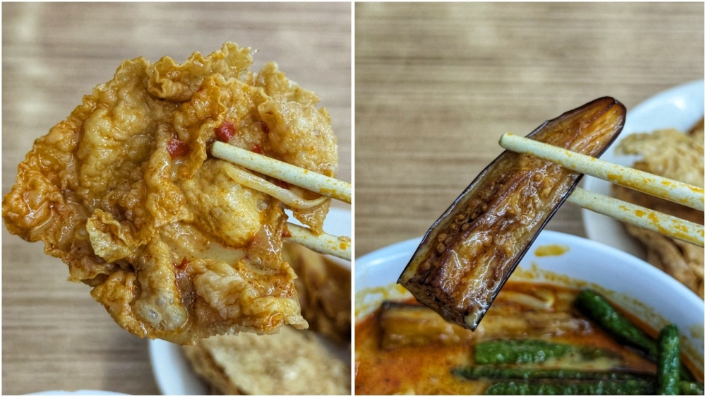 Crispy fried ‘fu chuk’ soaked in thick, rich curry is always a treat (left). The eggplant is fried till soft and creamy (right).