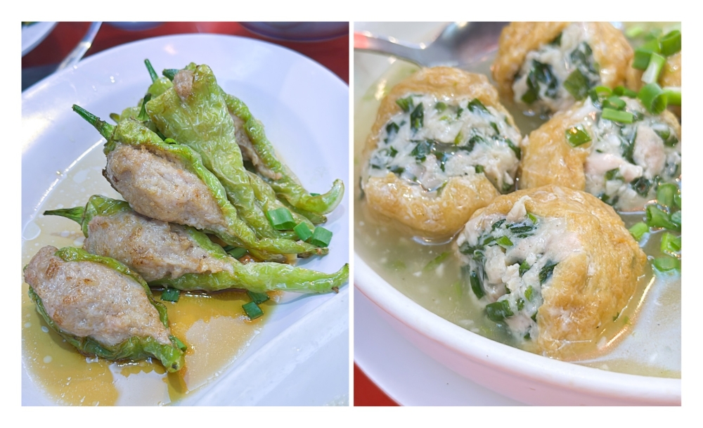 Stuffed Thai Imported Green Chilli (left) is glorious with that spiciness while the Stuff Tau Poh with Ku Chai and Minced Meat (right) is a huge bite of meat and chives that was a little salty. — Picture by Lee Khang Yi