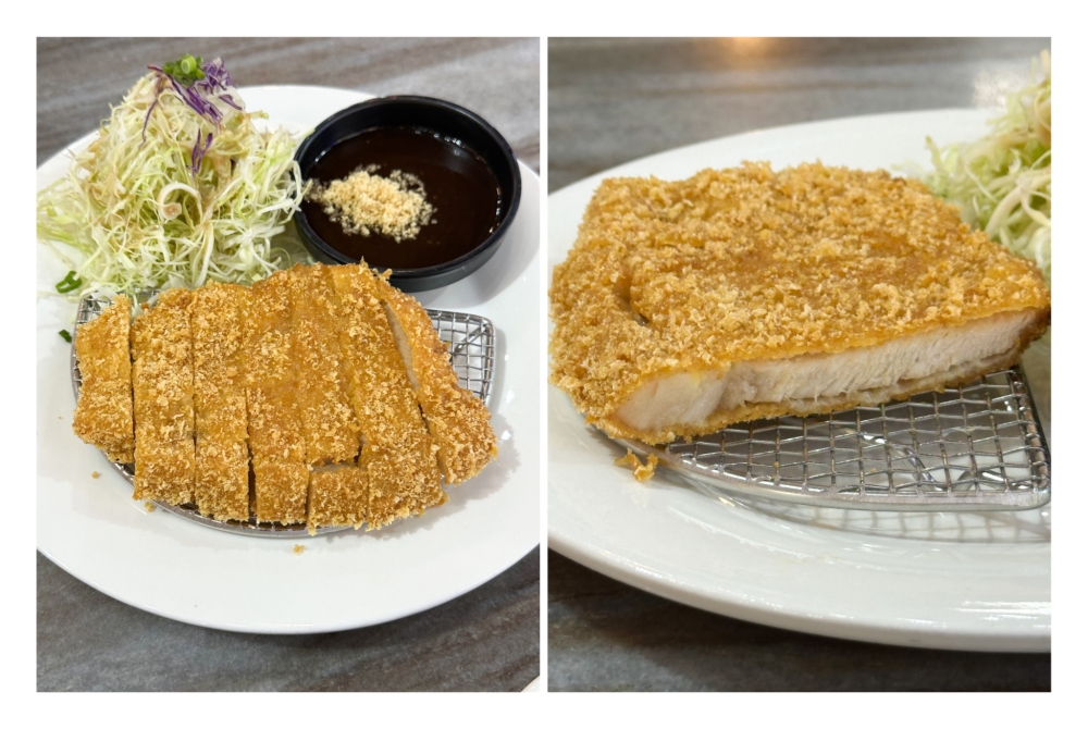 Tonkatsu (left)  is a substantial bite for lunch or dinner here, the fried pork loin cutlet (right) is not thick and served with a thin crust — Picture by Lee Khang Yi