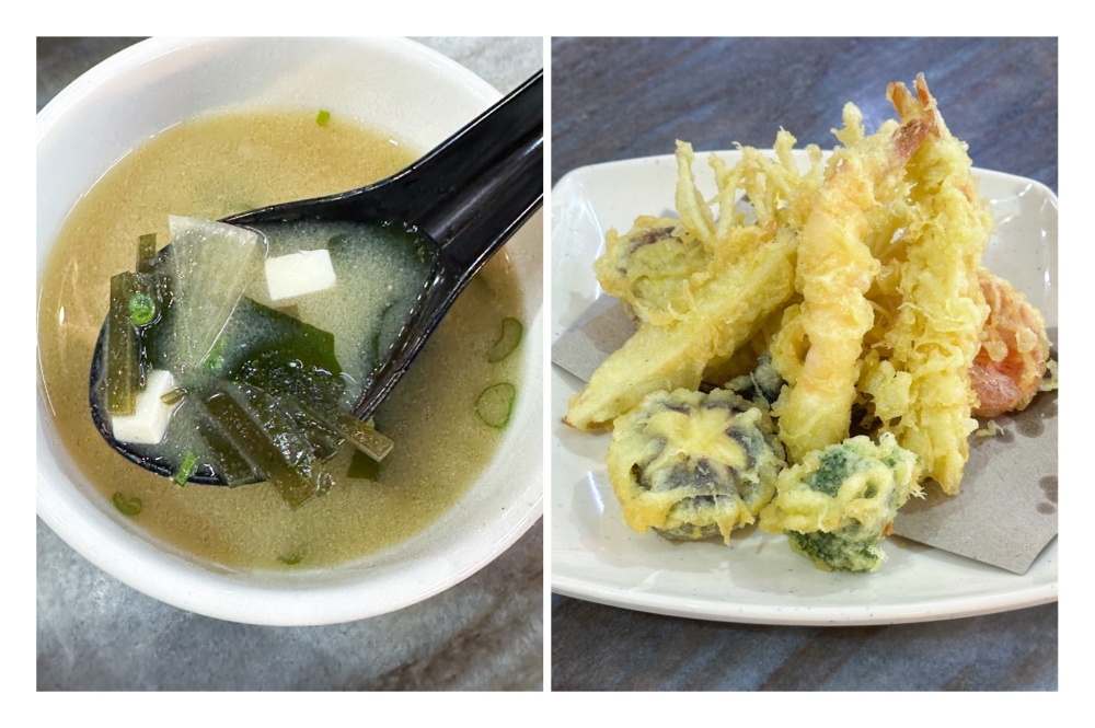 Miso Shiru (left) is a pleasant soup with bonus sliced white radish and Tempura Moriawase (right) is not the light, crispy type — Picture by Lee Khang Yi