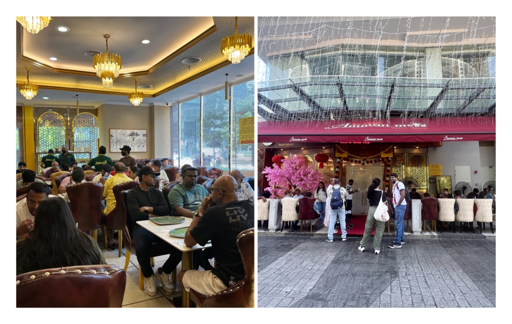 The interior (left) of the restaurant features gold accents, chandeliers and gold lion head water feature while one can spot Erode Amman Mess (right) from the crowd that flocks here during weekend lunch — Picture by Lee Khang Yi