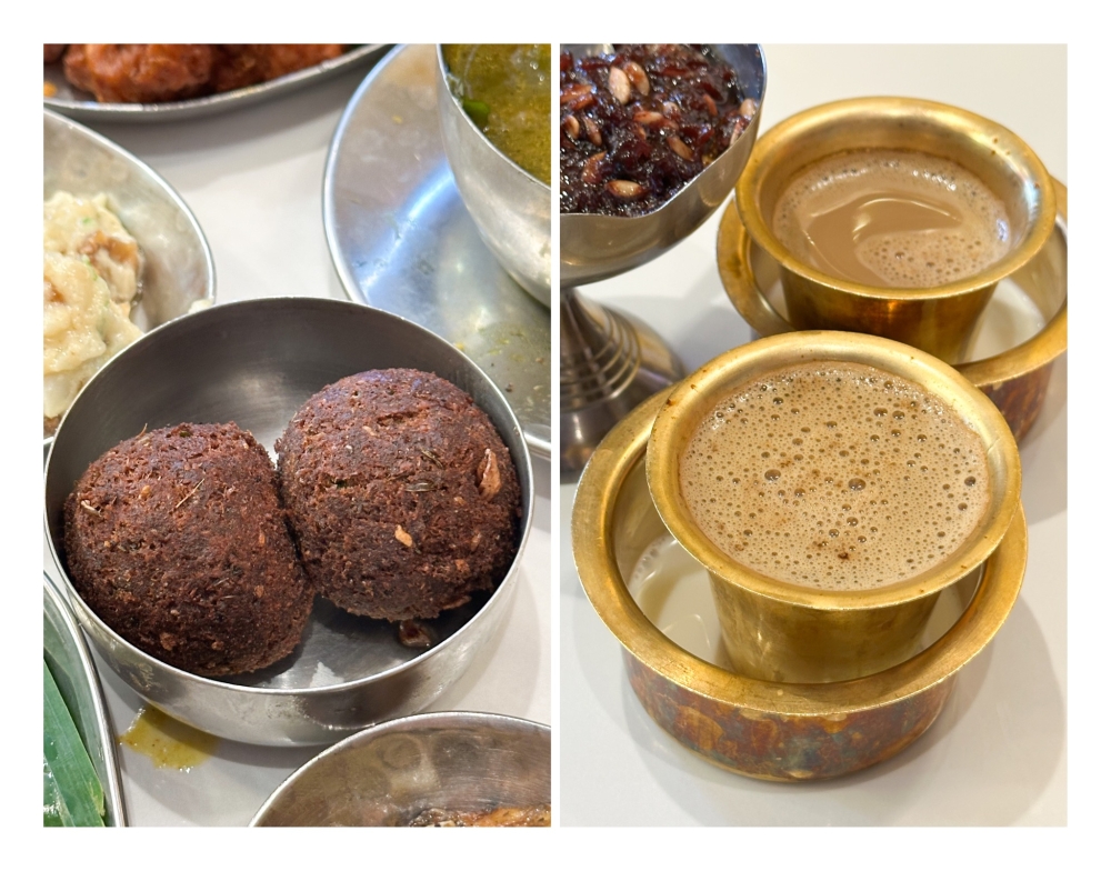 Mutton Kola Urundai (left) is filled with moist minced mutton cooked with herbs while one can end the meal with a cup of Mylapore Filter Coffee (right) served in a 'dawara' tumbler set — Picture by Lee Khang Yi