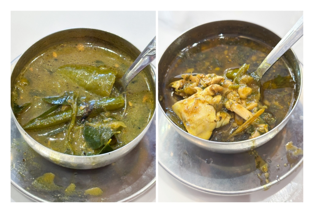 Remember to add the 'rasam' to your order, whether it's the Kozhi Rasam (left) with chicken broth or the weekend special of Nandu Rasam (right) with the sweet crab flavour — Picture by Lee Khang Yi