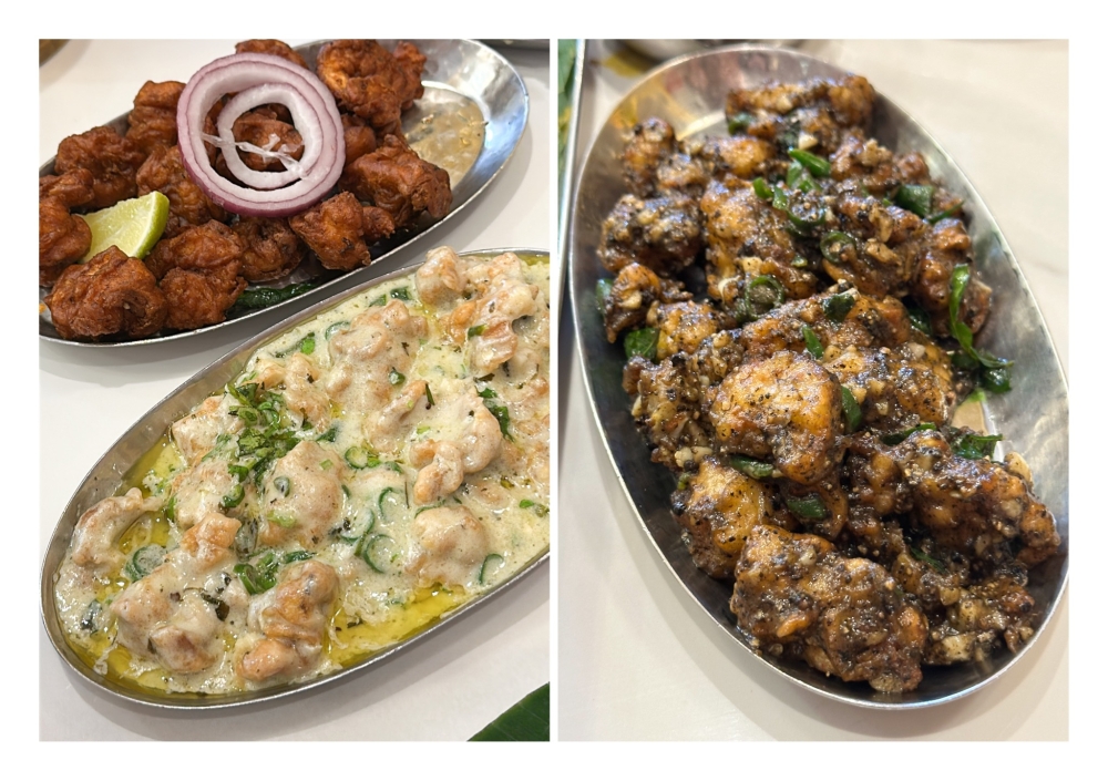 Japan Chicken (left) is like a riff of buttermilk chicken and Prawn 65 with Karuveppilai Pepper Gobi (right) uses curry leaves and pepper to cook the cauliflower — Picture by Lee Khang Yi