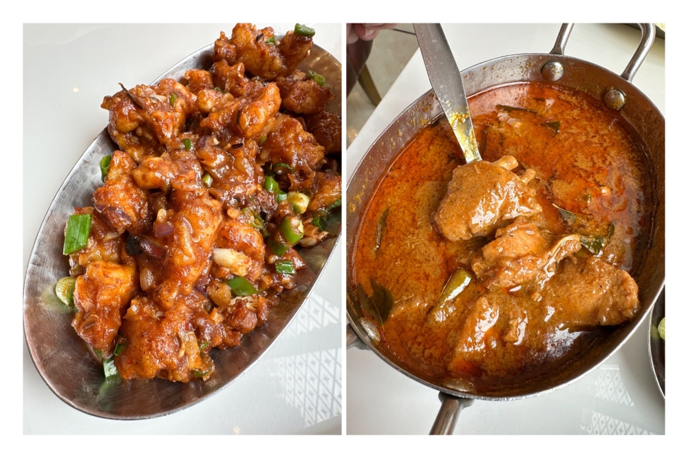 Gobi Manchurian (left) is a classic Indo Chinese dish with sweet, spicy flavours while the Chicken Milagu Gravy (right) makes a good pairing with the rice — Picture by Lee Khang Yi