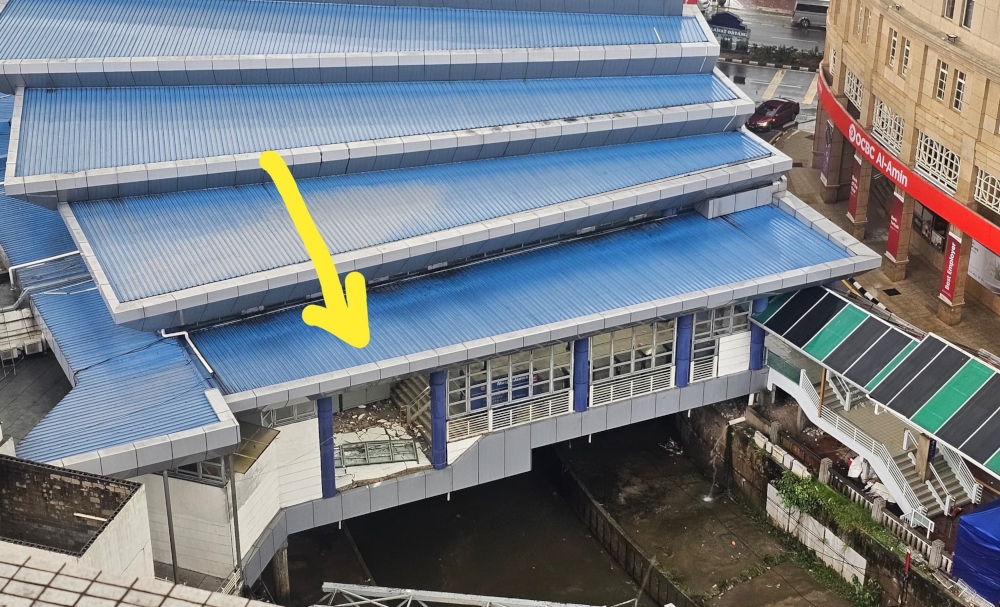 The affected structure is part of the station building, which sits above the confluence of the Klang and Gombak rivers. — Picture from Facebook/Nabil Nazri